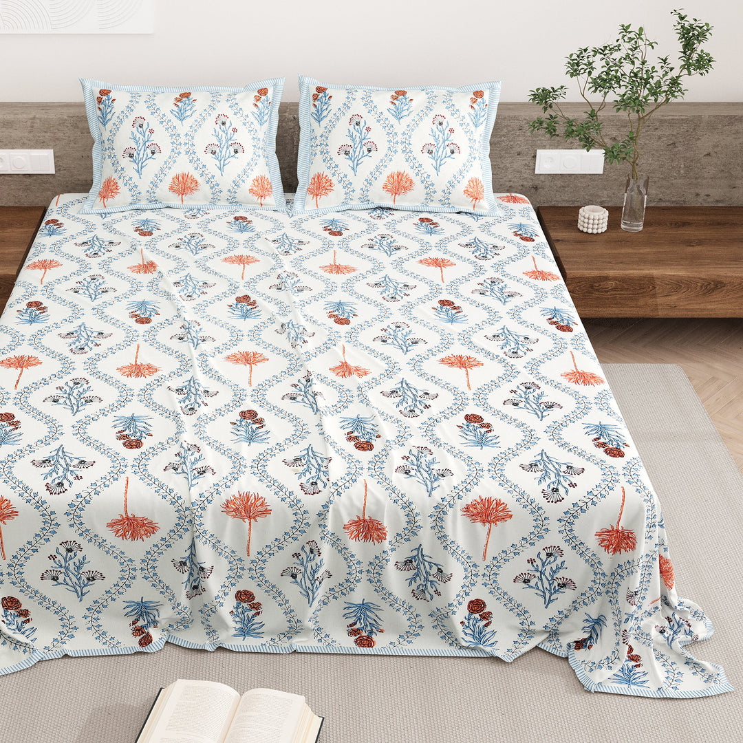 Bella Casa Fashion & Retail Ltd BEDSHEET 87 X 108 Inch / Multi / Cotton Double King Size Bedsheet with 2 Pillow Covers Motifs Printed Cotton Multi Colour - Heritage Collection