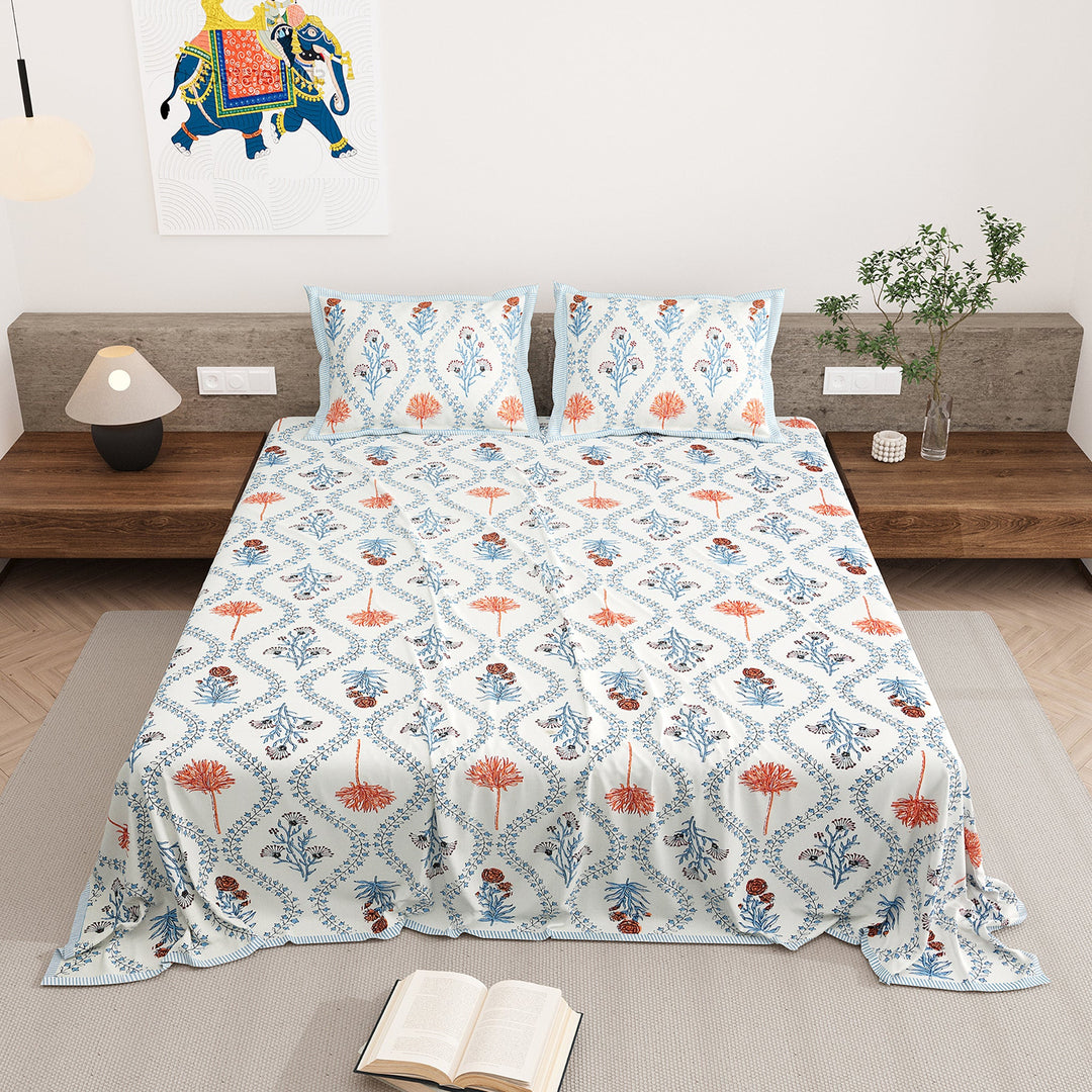 Bella Casa Fashion & Retail Ltd BEDSHEET 87 X 108 Inch / Multi / Cotton Double King Size Bedsheet with 2 Pillow Covers Motifs Printed Cotton Multi Colour - Heritage Collection