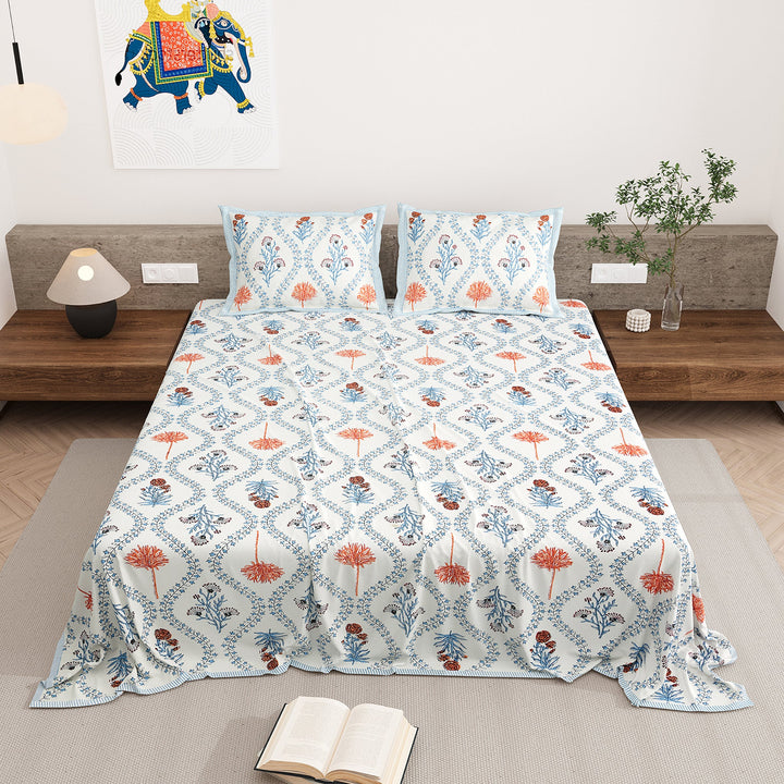 Bella Casa Fashion & Retail Ltd BEDSHEET 87 X 108 Inch / Multi / Cotton Double King Size Bedsheet with 2 Pillow Covers Motifs Printed Cotton Multi Colour - Heritage Collection