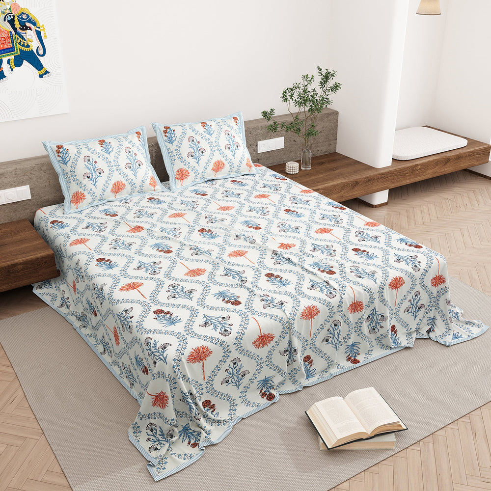 Bella Casa Fashion & Retail Ltd BEDSHEET 87 X 108 Inch / Multi / Cotton Double King Size Bedsheet with 2 Pillow Covers Motifs Printed Cotton Multi Colour - Heritage Collection