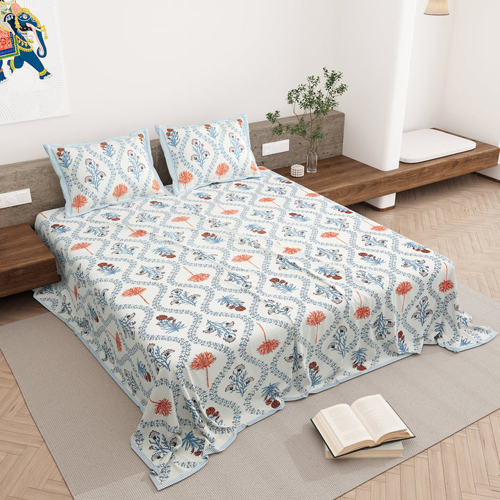 Bella Casa Fashion & Retail Ltd BEDSHEET 87 X 108 Inch / Multi / Cotton Double King Size Bedsheet with 2 Pillow Covers Motifs Printed Cotton Multi Colour - Heritage Collection