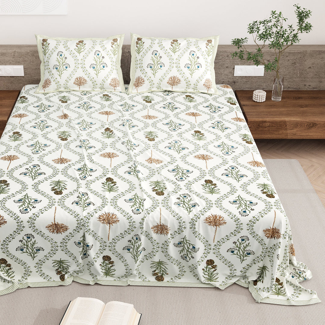 Bella Casa Fashion & Retail Ltd BEDSHEET 87 X 108 Inch / Multi / Cotton Double King Size Bedsheet with 2 Pillow Covers Motifs Printed Cotton Multi Colour - Heritage Collection
