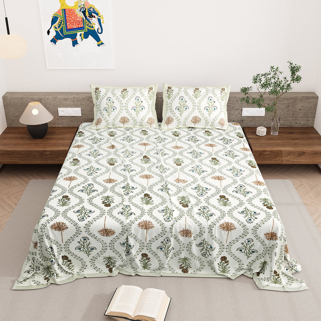 Bella Casa Fashion & Retail Ltd BEDSHEET 87 X 108 Inch / Multi / Cotton Double King Size Bedsheet with 2 Pillow Covers Motifs Printed Cotton Multi Colour - Heritage Collection