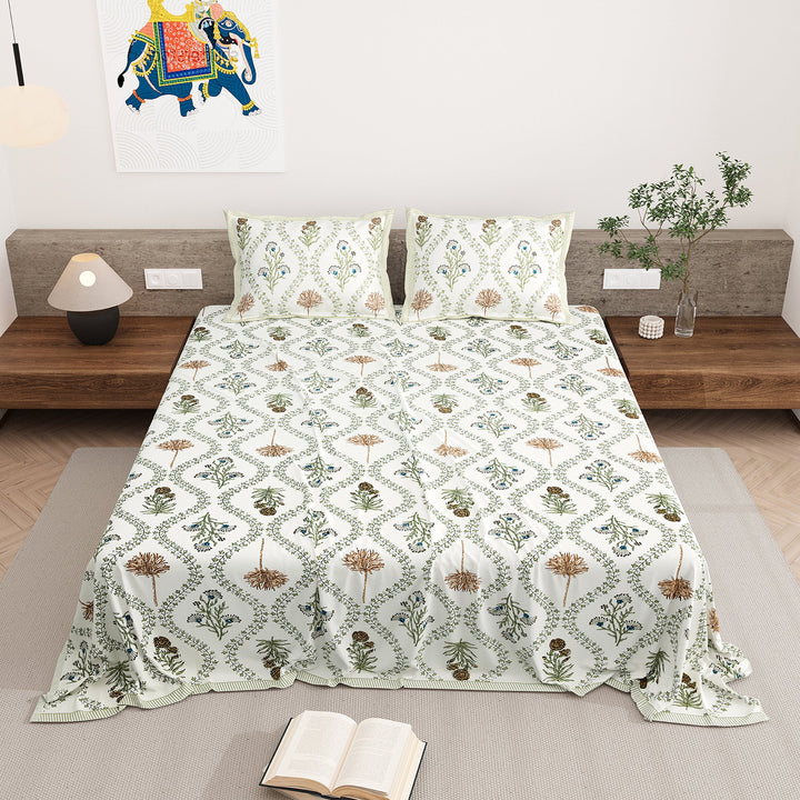 Bella Casa Fashion & Retail Ltd BEDSHEET 87 X 108 Inch / Multi / Cotton Double King Size Bedsheet with 2 Pillow Covers Motifs Printed Cotton Multi Colour - Heritage Collection