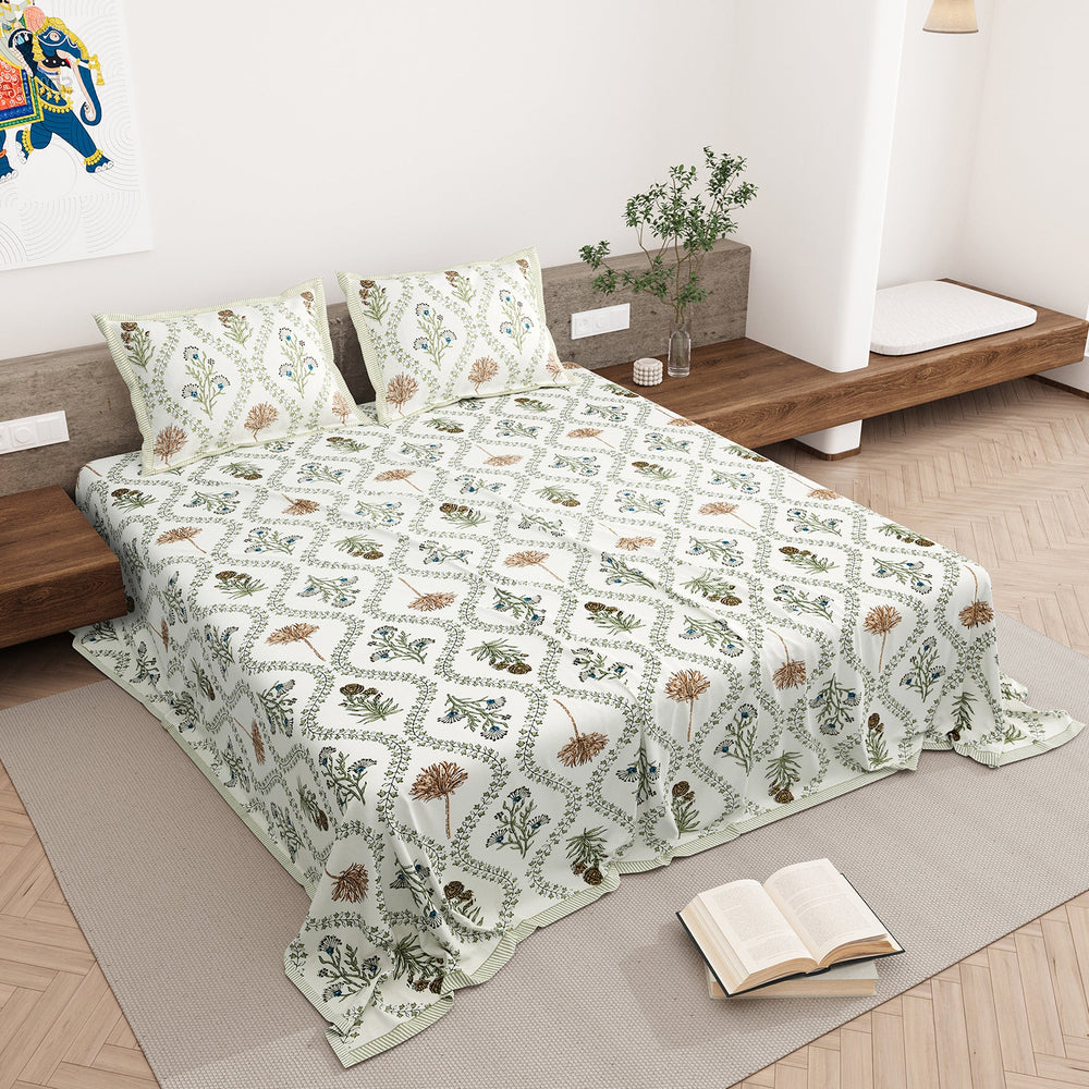 Bella Casa Fashion & Retail Ltd BEDSHEET 87 X 108 Inch / Multi / Cotton Double King Size Bedsheet with 2 Pillow Covers Motifs Printed Cotton Multi Colour - Heritage Collection