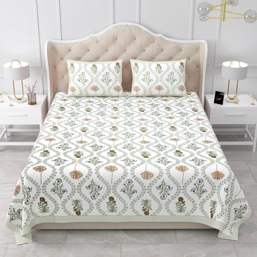 Bella Casa Fashion & Retail Ltd BEDSHEET 87 X 108 Inch / Multi / Cotton Double King Size Bedsheet with 2 Pillow Covers Motifs Printed Cotton Multi Colour - Heritage Collection
