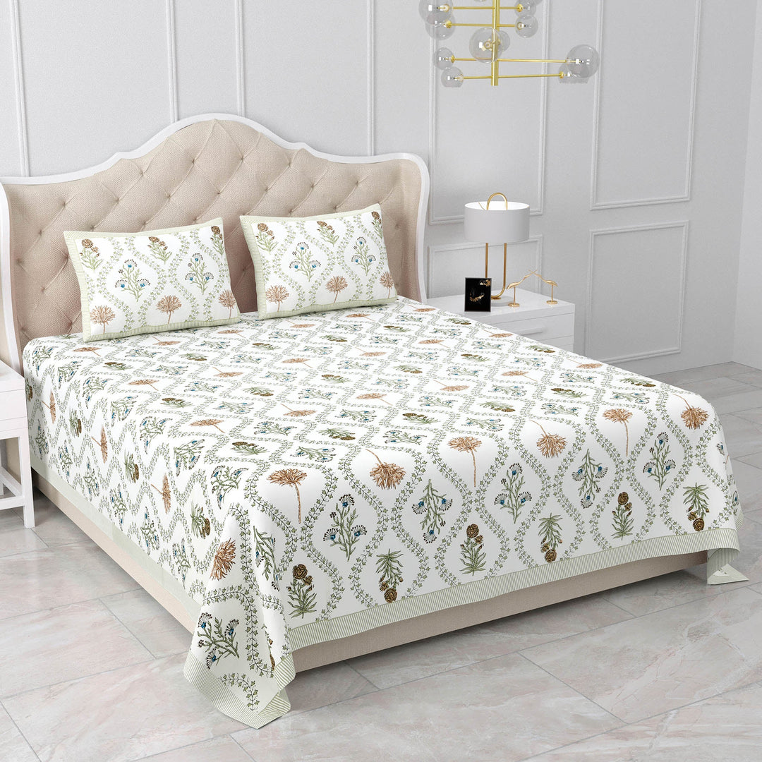 Bella Casa Fashion & Retail Ltd BEDSHEET 87 X 108 Inch / Multi / Cotton Double King Size Bedsheet with 2 Pillow Covers Motifs Printed Cotton Multi Colour - Heritage Collection