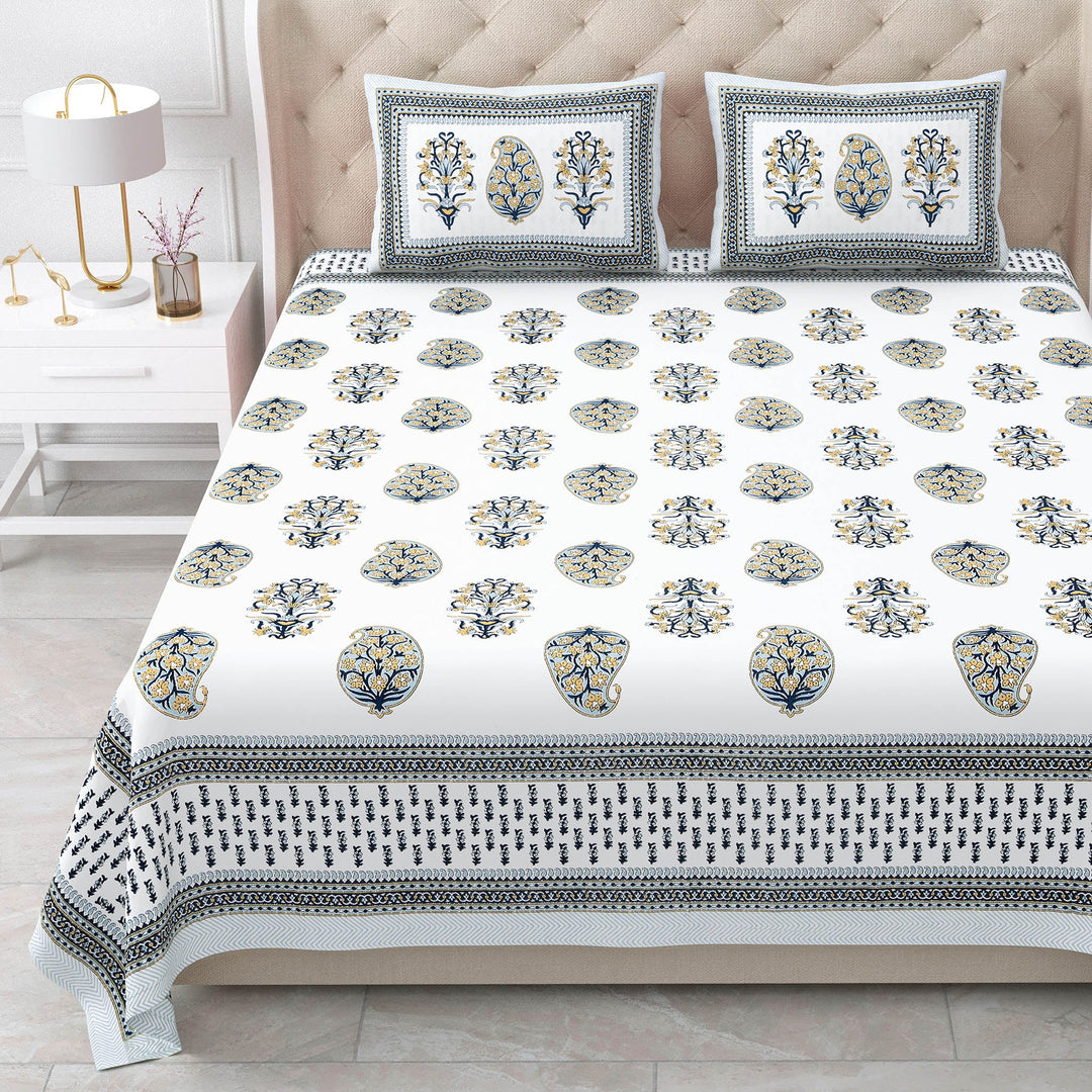 Bella Casa Fashion & Retail Ltd BEDSHEET 87 X 108 Inch / Mustard & Blue / Cotton Double King Size Bedsheet with 2 Pillow Covers Motifs Printed Cotton Mustard & Blue Colour - Heritage Collection