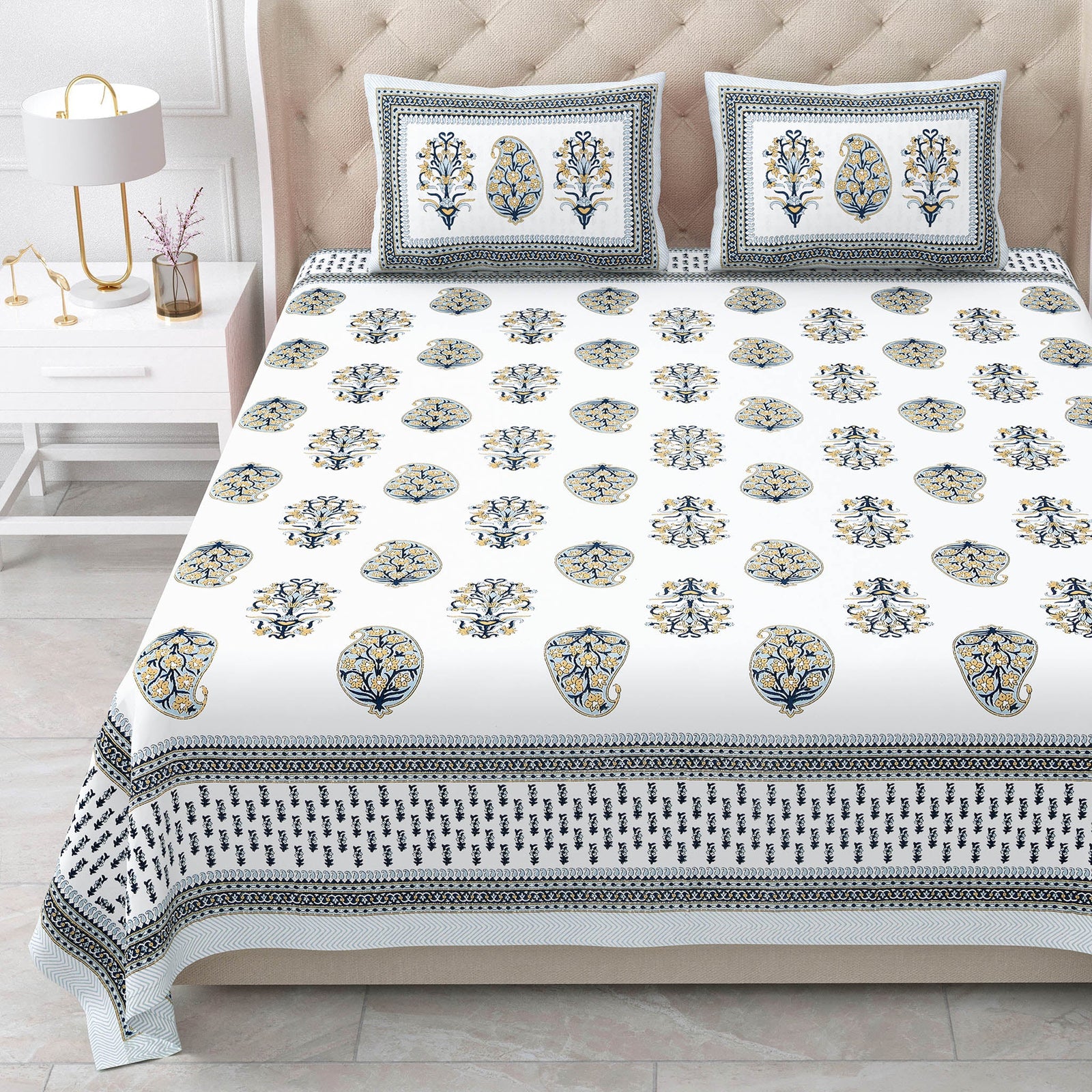 Bella Casa Fashion & Retail Ltd BEDSHEET 87 X 108 Inch / Mustard & Blue / Cotton Double King Size Bedsheet with 2 Pillow Covers Motifs Printed Cotton Mustard & Blue Colour - Heritage Collection