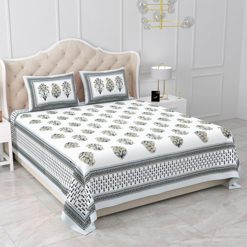 Bella Casa Fashion & Retail Ltd BEDSHEET 87 X 108 Inch / Mustard & Blue / Cotton Double King Size Bedsheet with 2 Pillow Covers Motifs Printed Cotton Mustard & Blue Colour - Heritage Collection