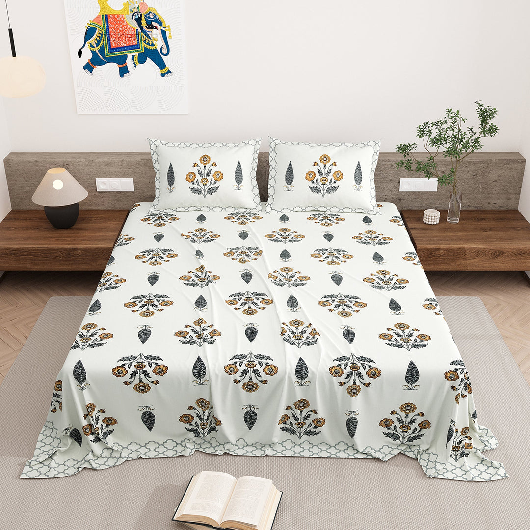 Bella Casa Fashion & Retail Ltd BEDSHEET 87 X 108 Inch / Mustard & Grey / Cotton Double King Size Bedsheet with 2 Pillow Covers Motifs Printed Cotton Mustard & Grey Colour - Heritage Collection