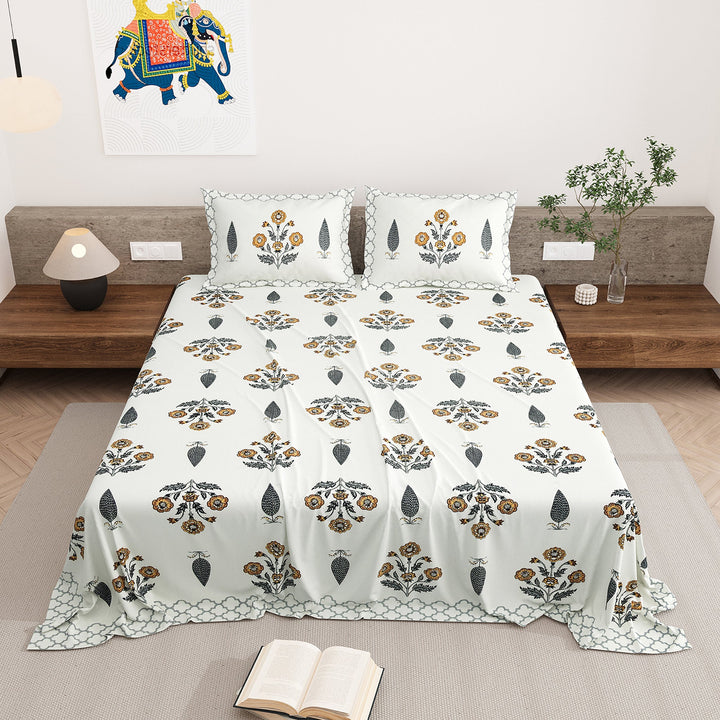 Bella Casa Fashion & Retail Ltd BEDSHEET 87 X 108 Inch / Mustard & Grey / Cotton Double King Size Bedsheet with 2 Pillow Covers Motifs Printed Cotton Mustard & Grey Colour - Heritage Collection