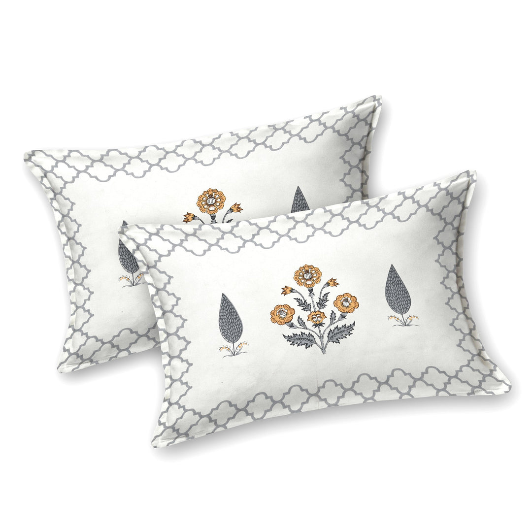 Bella Casa Fashion & Retail Ltd BEDSHEET 87 X 108 Inch / Mustard & Grey / Cotton Double King Size Bedsheet with 2 Pillow Covers Motifs Printed Cotton Mustard & Grey Colour - Heritage Collection
