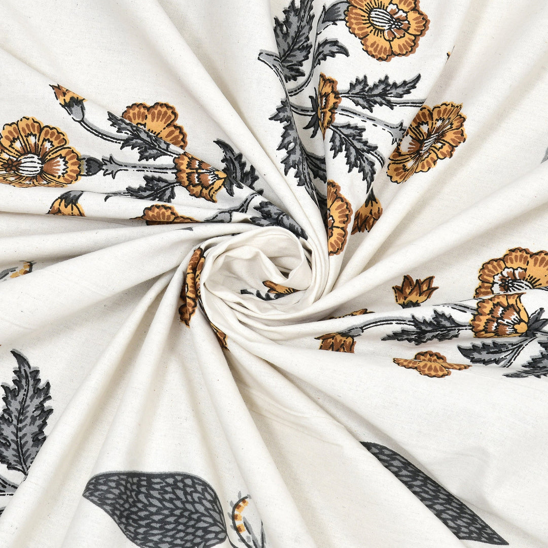 Bella Casa Fashion & Retail Ltd BEDSHEET 87 X 108 Inch / Mustard & Grey / Cotton Double King Size Bedsheet with 2 Pillow Covers Motifs Printed Cotton Mustard & Grey Colour - Heritage Collection