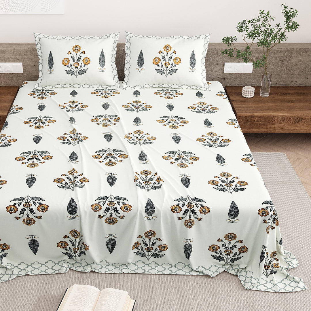 Bella Casa Fashion & Retail Ltd BEDSHEET 87 X 108 Inch / Mustard & Grey / Cotton Double King Size Bedsheet with 2 Pillow Covers Motifs Printed Cotton Mustard & Grey Colour - Heritage Collection
