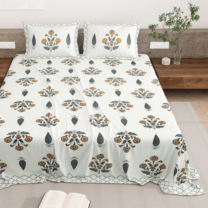 Bella Casa Fashion & Retail Ltd BEDSHEET 87 X 108 Inch / Mustard & Grey / Cotton Double King Size Bedsheet with 2 Pillow Covers Motifs Printed Cotton Mustard & Grey Colour - Heritage Collection