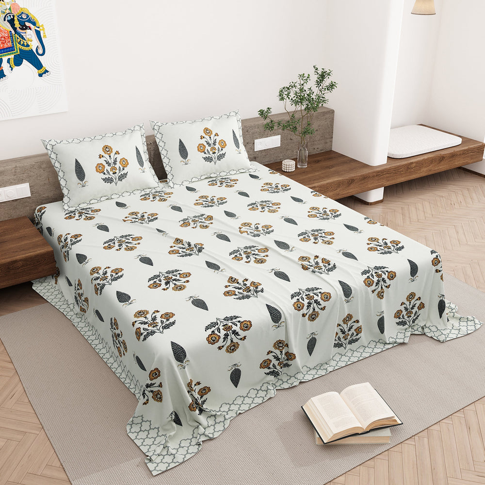 Bella Casa Fashion & Retail Ltd BEDSHEET 87 X 108 Inch / Mustard & Grey / Cotton Double King Size Bedsheet with 2 Pillow Covers Motifs Printed Cotton Mustard & Grey Colour - Heritage Collection