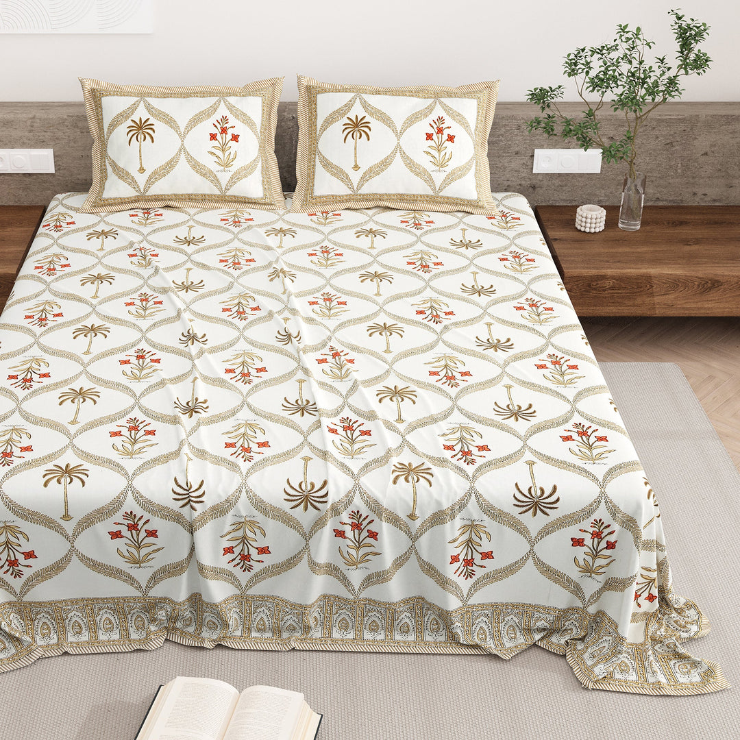 Bella Casa Fashion & Retail Ltd BEDSHEET 87 X 108 Inch / Rust & Brown / Cotton Double King Size Bedsheet with 2 Pillow Covers Motifs Printed Cotton Rust & Brown Colour - Heritage Collection
