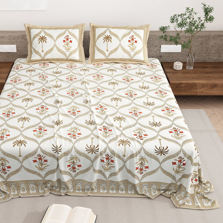 Bella Casa Fashion & Retail Ltd BEDSHEET 87 X 108 Inch / Rust & Brown / Cotton Double King Size Bedsheet with 2 Pillow Covers Motifs Printed Cotton Rust & Brown Colour - Heritage Collection