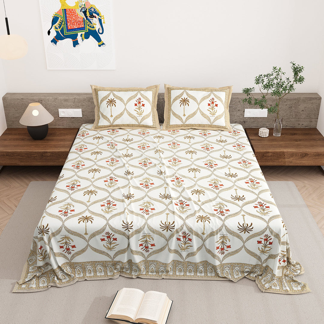 Bella Casa Fashion & Retail Ltd BEDSHEET 87 X 108 Inch / Rust & Brown / Cotton Double King Size Bedsheet with 2 Pillow Covers Motifs Printed Cotton Rust & Brown Colour - Heritage Collection