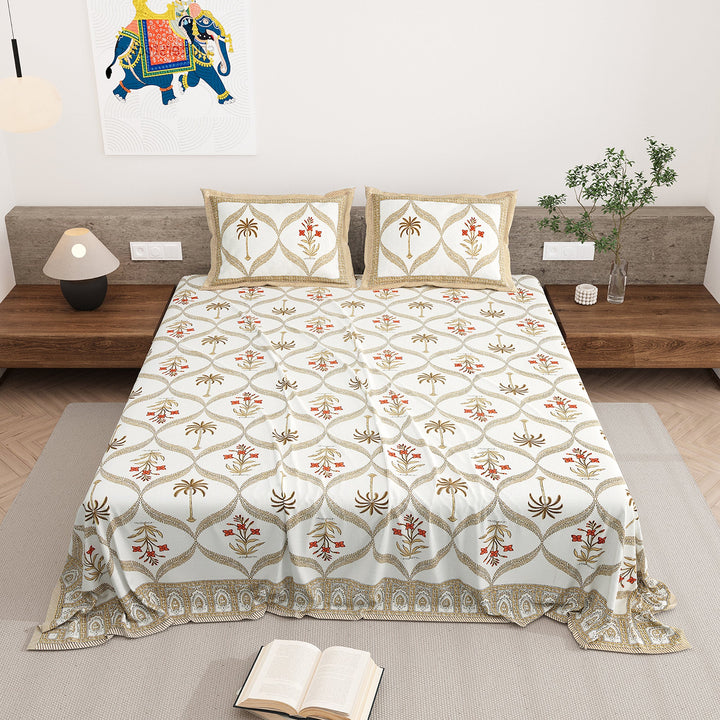 Bella Casa Fashion & Retail Ltd BEDSHEET 87 X 108 Inch / Rust & Brown / Cotton Double King Size Bedsheet with 2 Pillow Covers Motifs Printed Cotton Rust & Brown Colour - Heritage Collection