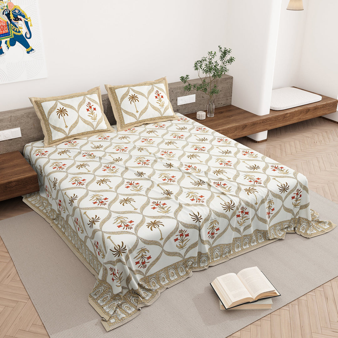 Bella Casa Fashion & Retail Ltd BEDSHEET 87 X 108 Inch / Rust & Brown / Cotton Double King Size Bedsheet with 2 Pillow Covers Motifs Printed Cotton Rust & Brown Colour - Heritage Collection