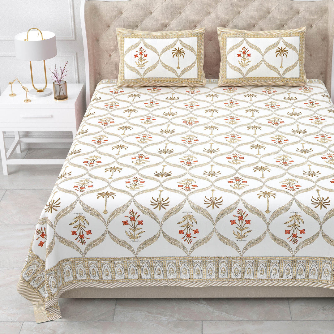 Bella Casa Fashion & Retail Ltd BEDSHEET 87 X 108 Inch / Rust & Brown / Cotton Double King Size Bedsheet with 2 Pillow Covers Motifs Printed Cotton Rust & Brown Colour - Heritage Collection