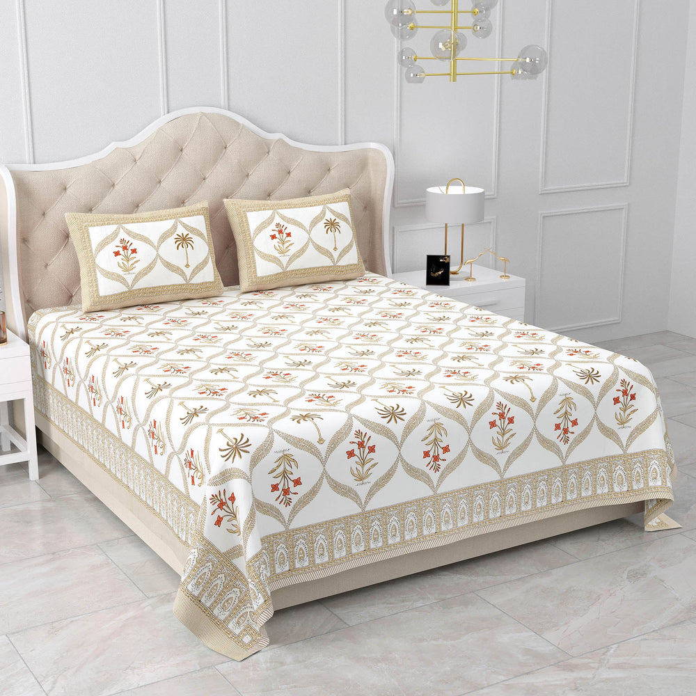Bella Casa Fashion & Retail Ltd BEDSHEET 87 X 108 Inch / Rust & Brown / Cotton Double King Size Bedsheet with 2 Pillow Covers Motifs Printed Cotton Rust & Brown Colour - Heritage Collection