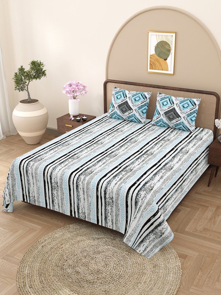 Bella Casa Fashion & Retail Ltd BEDSHEET 88 X 96 Inch / Blue / Cotton Double Bedsheet with 2 Pillow Covers Cotton Abstract Design Blue Colour - Element Collection