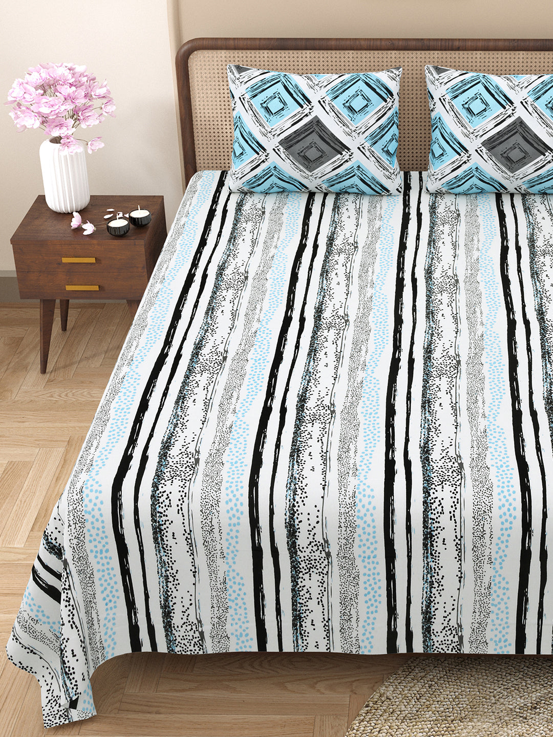 Bella Casa Fashion & Retail Ltd BEDSHEET 88 X 96 Inch / Blue / Cotton Double Bedsheet with 2 Pillow Covers Cotton Abstract Design Blue Colour - Element Collection
