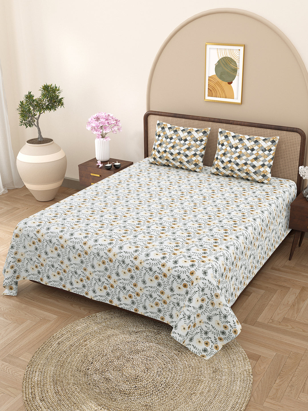 Bella Casa Fashion & Retail Ltd BEDSHEET 88 X 96 Inch / Brown / Cotton Double Bedsheet with 2 Pillow Covers Cotton Abstract Design Brown Colour - Element Collection