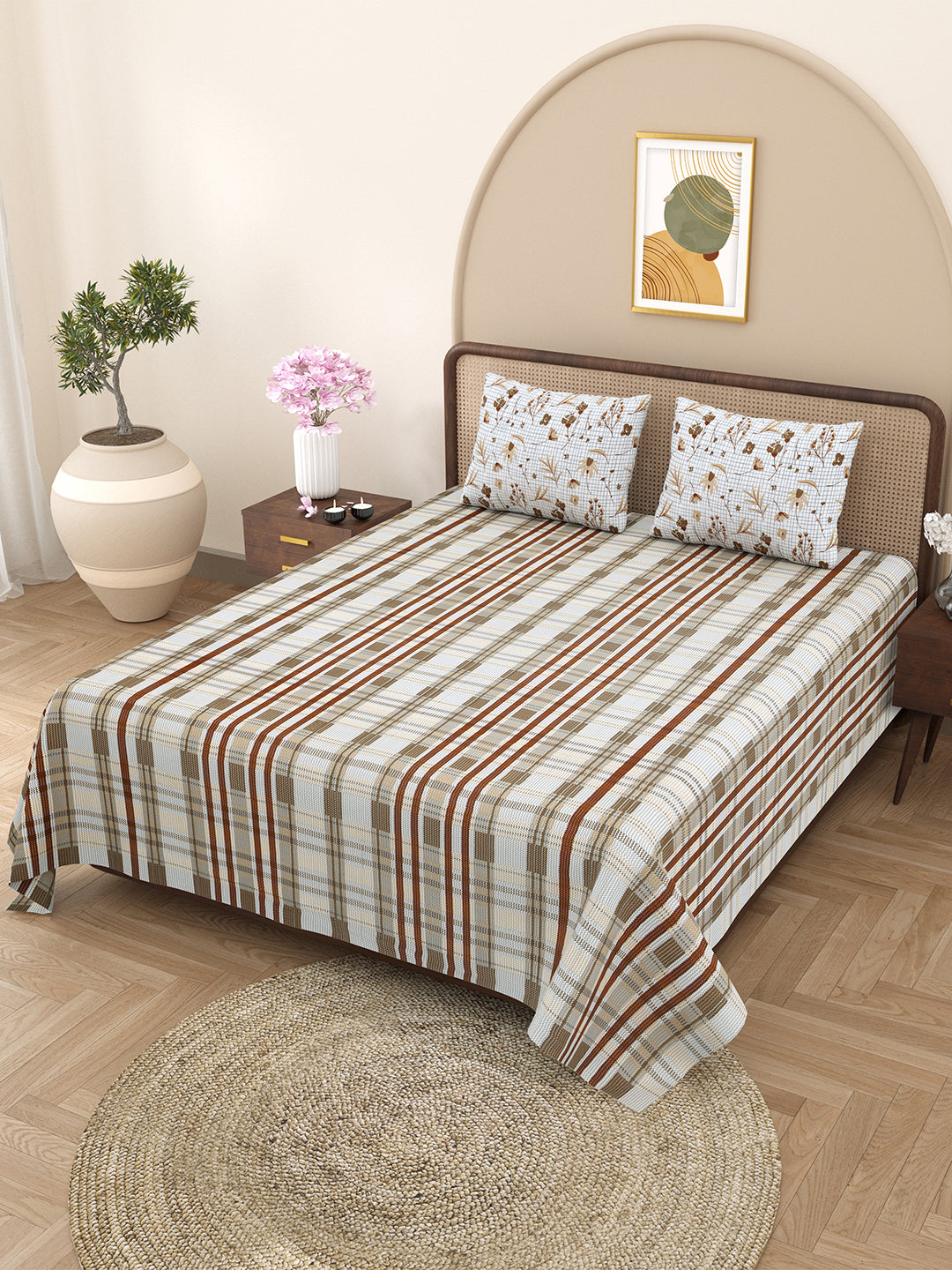 Bella Casa Fashion & Retail Ltd BEDSHEET 88 X 96 Inch / Brown / Cotton Double Bedsheet with 2 Pillow Covers Cotton Abstract Design Brown Colour - Element Collection