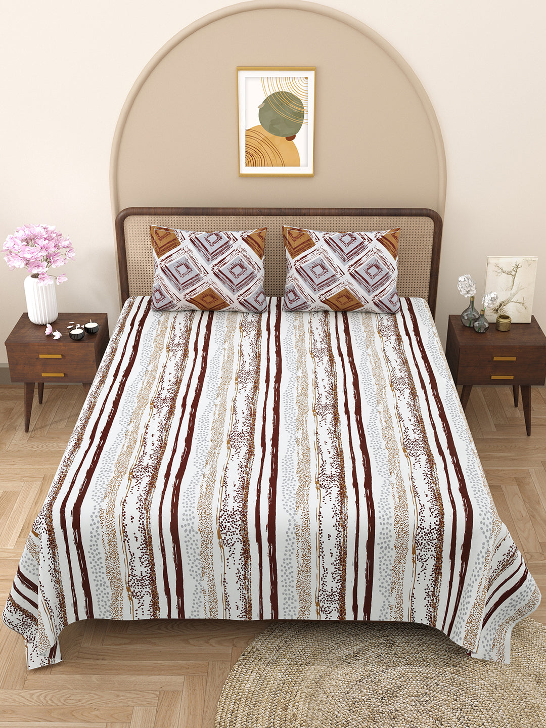 Bella Casa Fashion & Retail Ltd BEDSHEET 88 X 96 Inch / Brown / Cotton Double Bedsheet with 2 Pillow Covers Cotton Abstract Design Brown Colour - Element Collection