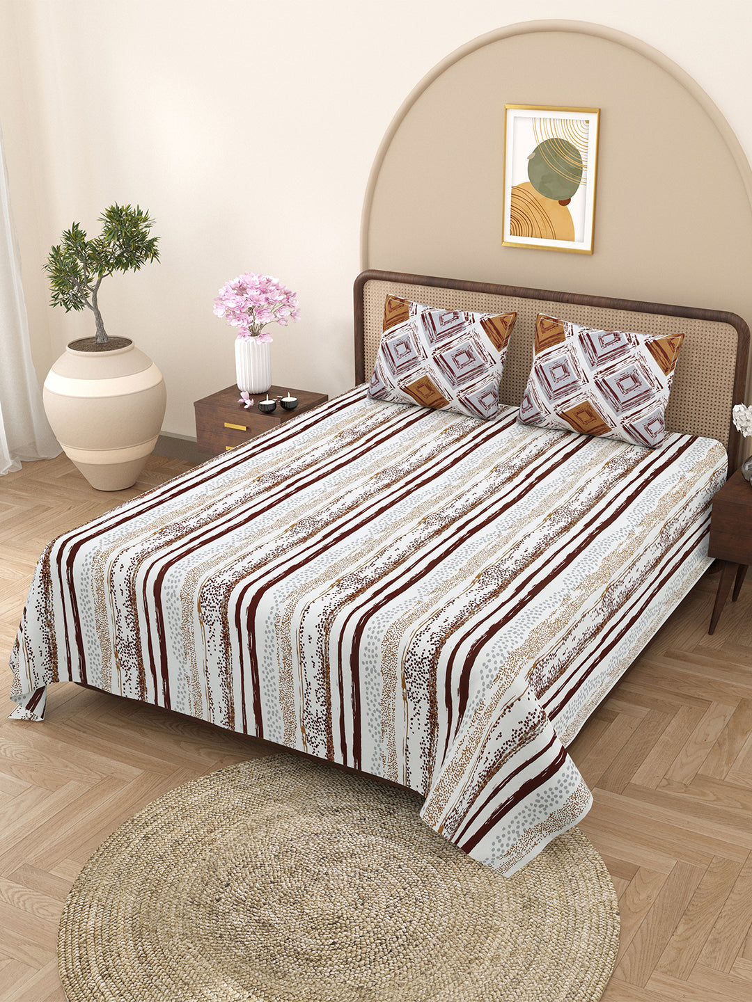 Bella Casa Fashion & Retail Ltd BEDSHEET 88 X 96 Inch / Brown / Cotton Double Bedsheet with 2 Pillow Covers Cotton Abstract Design Brown Colour - Element Collection