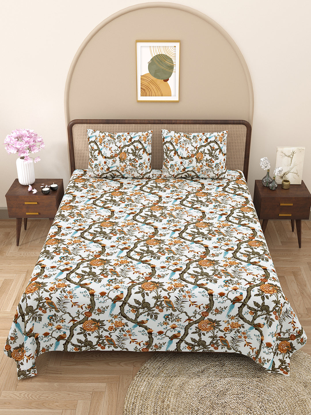 Bella Casa Fashion & Retail Ltd BEDSHEET 88 X 96 Inch / Brown / Cotton Double Bedsheet with 2 Pillow Covers Cotton Floral Design Brown Colour - Element Collection