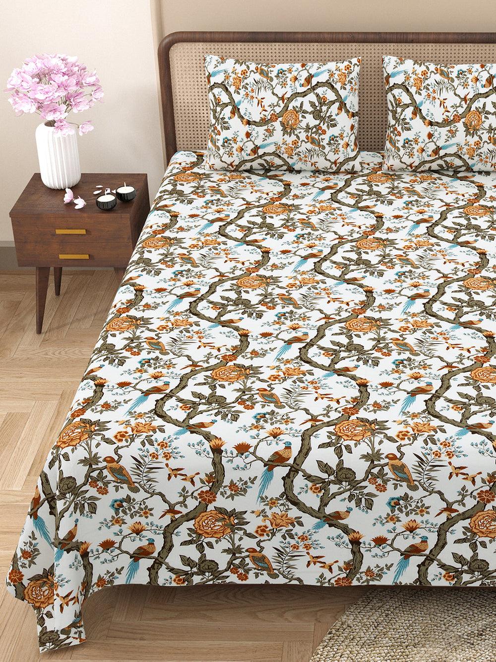 Bella Casa Fashion & Retail Ltd BEDSHEET 88 X 96 Inch / Brown / Cotton Double Bedsheet with 2 Pillow Covers Cotton Floral Design Brown Colour - Element Collection