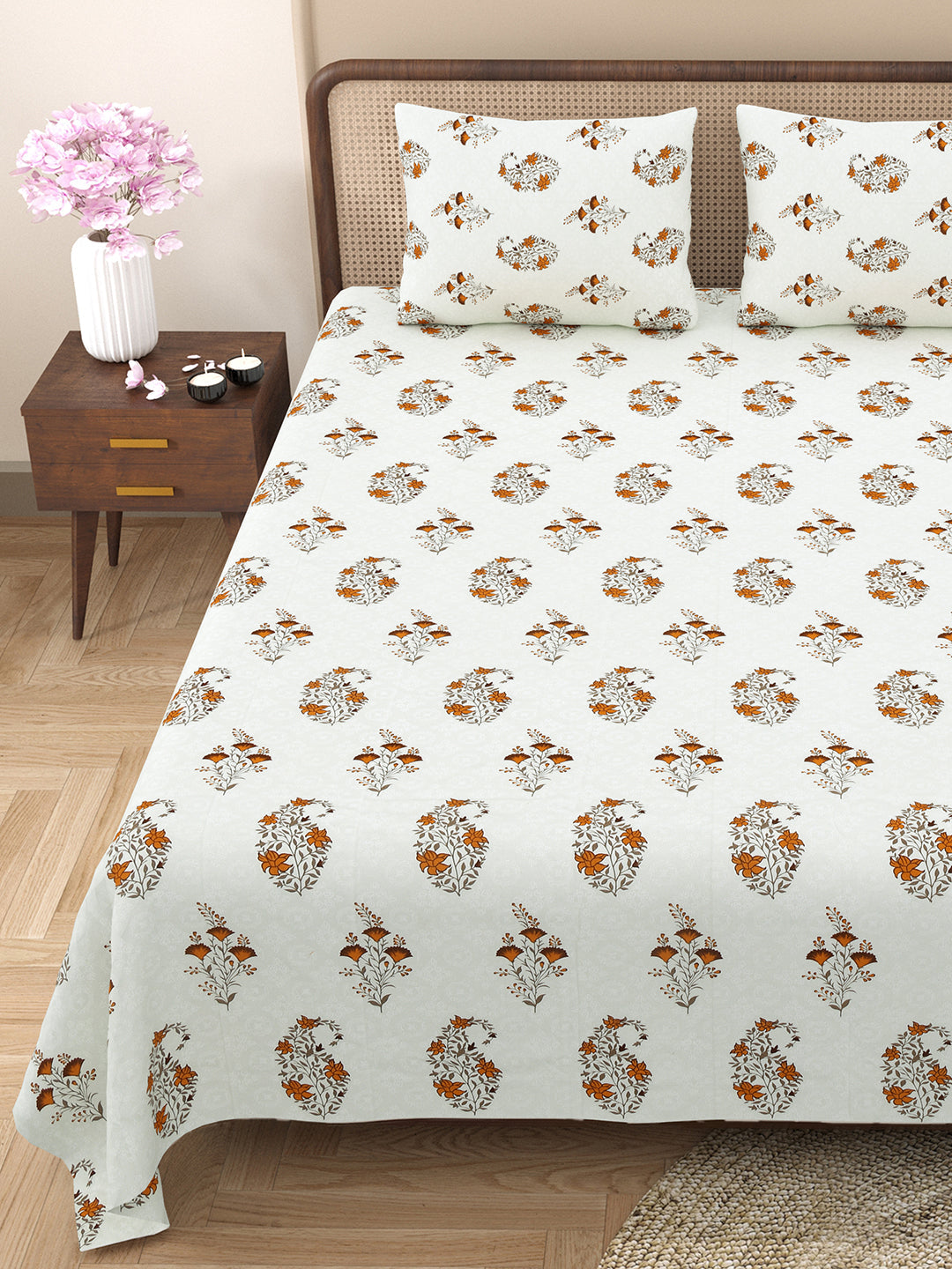 Bella Casa Fashion & Retail Ltd BEDSHEET 88 X 96 Inch / Brown / Cotton Double Bedsheet with 2 Pillow Covers Cotton Floral Design Brown Colour - Element Collection