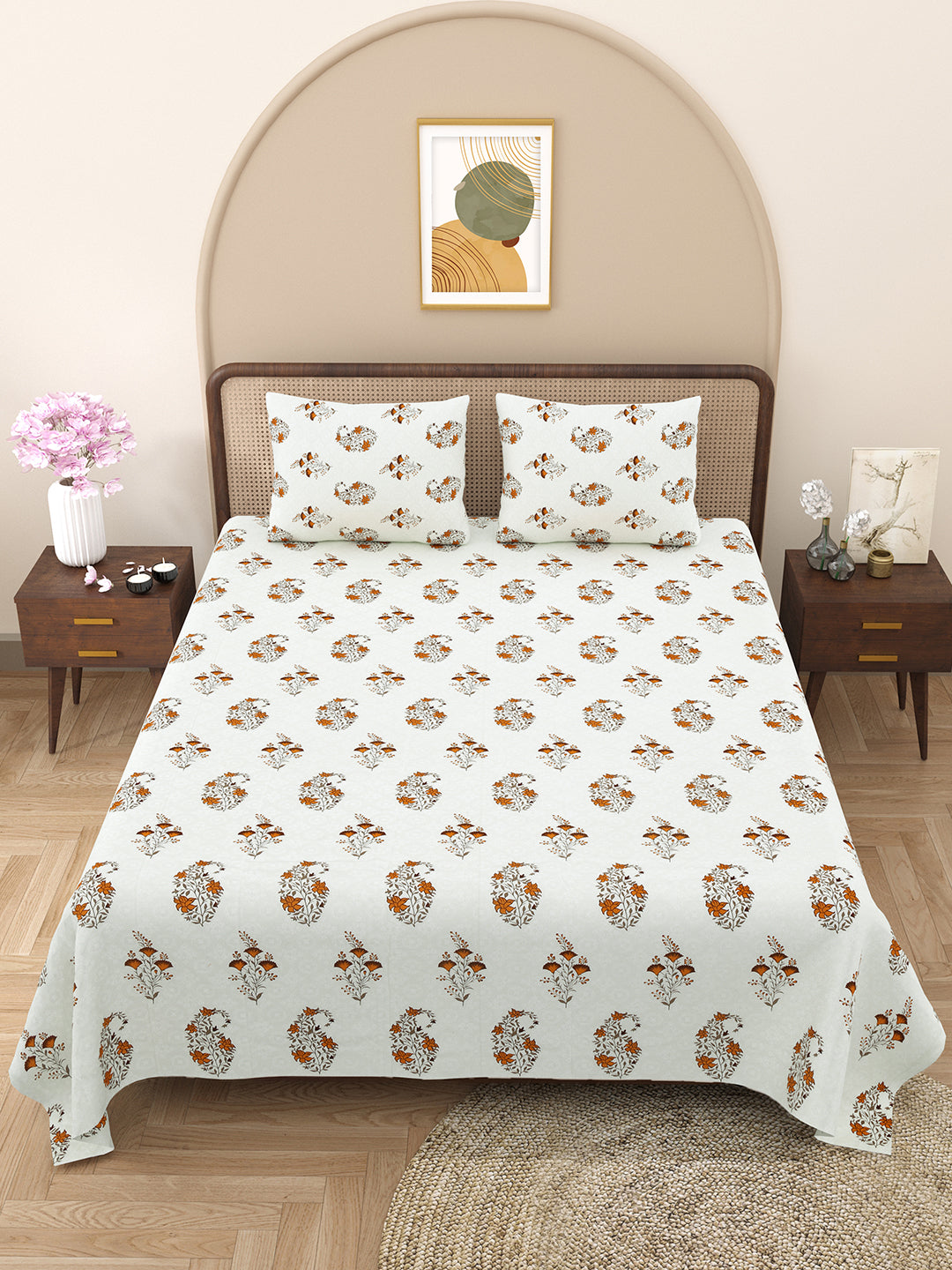 Bella Casa Fashion & Retail Ltd BEDSHEET 88 X 96 Inch / Brown / Cotton Double Bedsheet with 2 Pillow Covers Cotton Floral Design Brown Colour - Element Collection