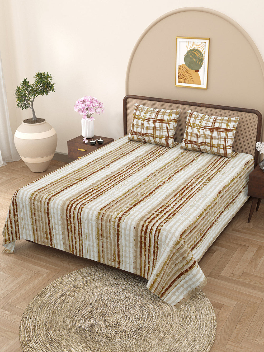 Bella Casa Fashion & Retail Ltd BEDSHEET 88 X 96 Inch / Brown / Cotton Double Bedsheet with 2 Pillow Covers Cotton Geometric Design Brown Colour - Element Collection