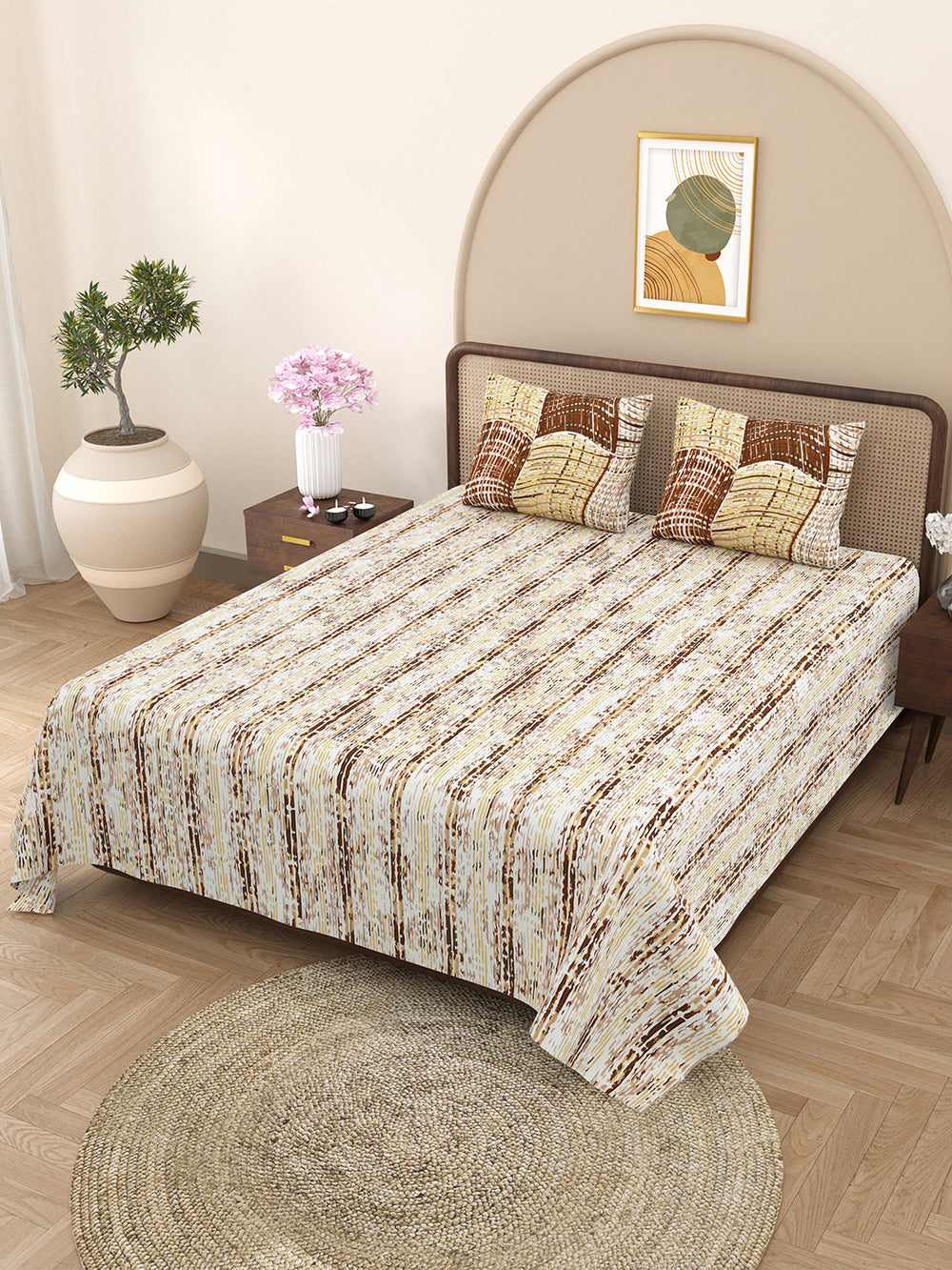 Bella Casa Fashion & Retail Ltd BEDSHEET 88 X 96 Inch / Brown / Cotton Double Bedsheet with 2 Pillow Covers Cotton Geometric Design Brown Colour - Element Collection