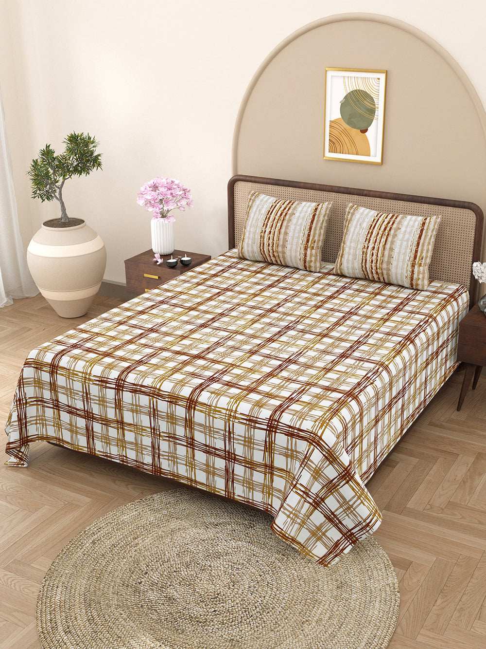 Bella Casa Fashion & Retail Ltd BEDSHEET 88 X 96 Inch / Brown / Cotton Double Bedsheet with 2 Pillow Covers Cotton Geometric Design Brown Colour - Element Collection