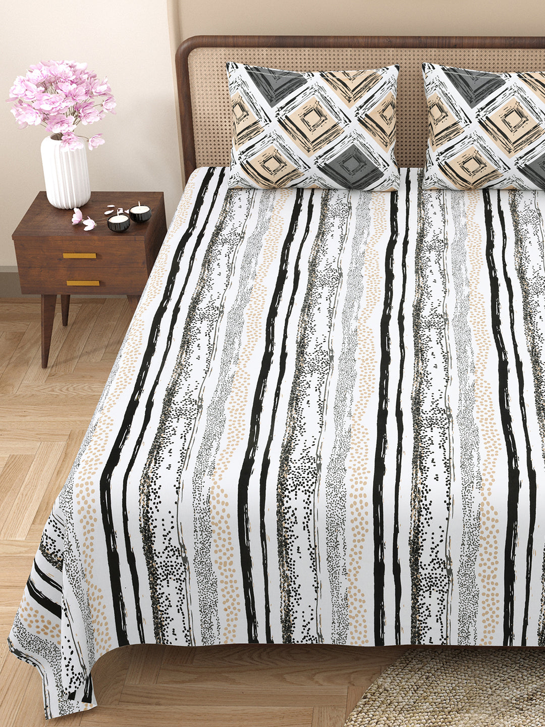 Bella Casa Fashion & Retail Ltd BEDSHEET 88 X 96 Inch / Grey / Cotton Double Bedsheet with 2 Pillow Covers Cotton Abstract Design Grey Colour - Element Collection