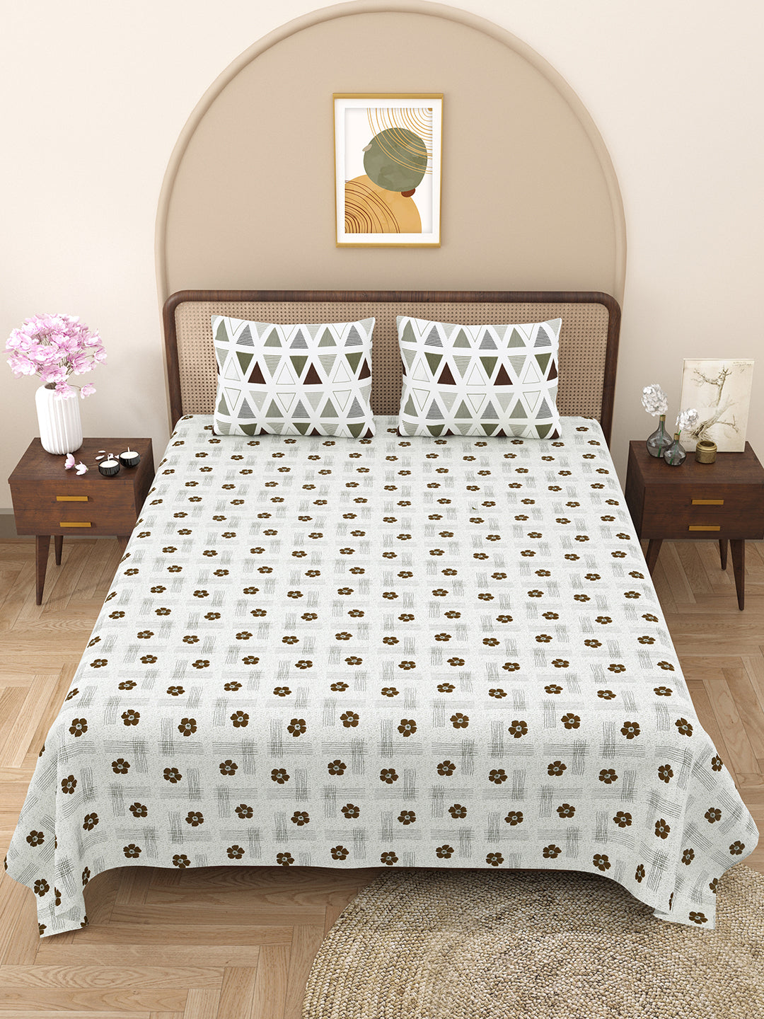 Bella Casa Fashion & Retail Ltd BEDSHEET 88 X 96 Inch / Grey / Cotton Double Bedsheet with 2 Pillow Covers Cotton Abstract Design Grey Colour - Element Collection