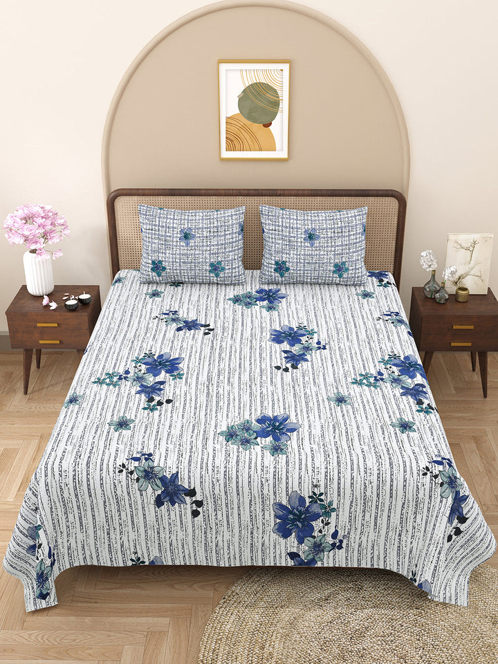 Bella Casa Fashion & Retail Ltd BEDSHEET 88 X 96 Inch / Grey / Cotton Double Bedsheet with 2 Pillow Covers Cotton Floral Design Grey Colour - Element Collection