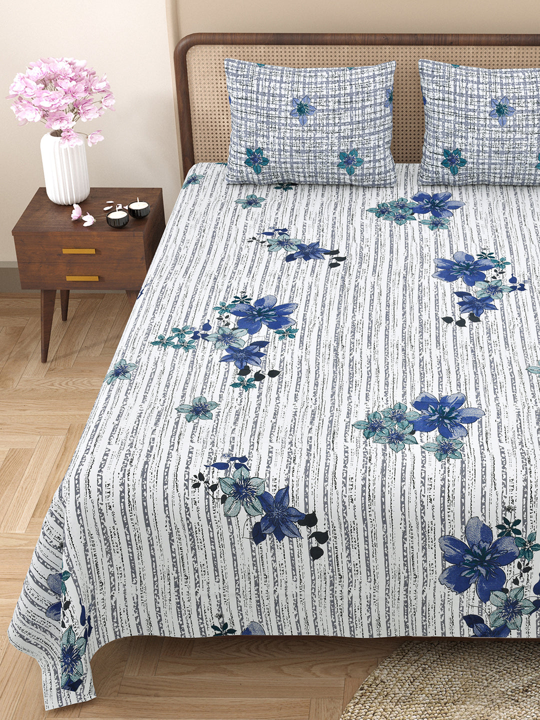 Bella Casa Fashion & Retail Ltd BEDSHEET 88 X 96 Inch / Grey / Cotton Double Bedsheet with 2 Pillow Covers Cotton Floral Design Grey Colour - Element Collection