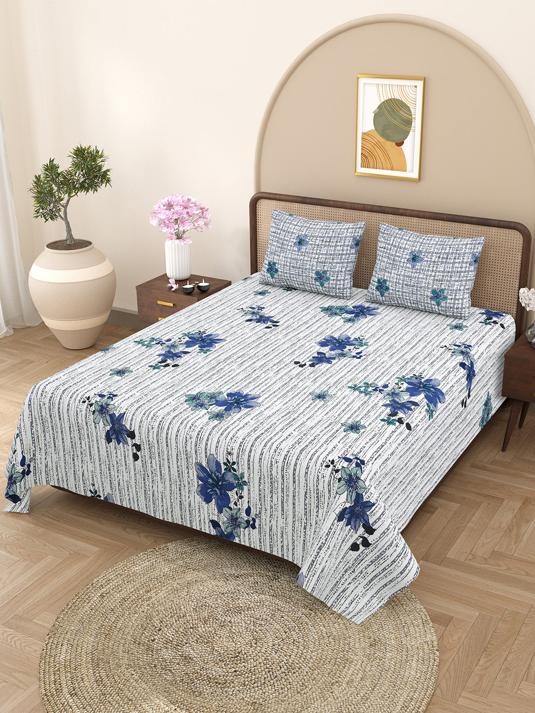 Bella Casa Fashion & Retail Ltd BEDSHEET 88 X 96 Inch / Grey / Cotton Double Bedsheet with 2 Pillow Covers Cotton Floral Design Grey Colour - Element Collection