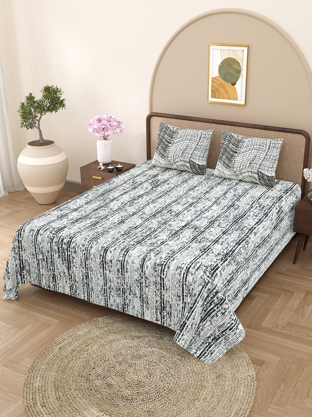 Bella Casa Fashion & Retail Ltd BEDSHEET 88 X 96 Inch / Grey / Cotton Double Bedsheet with 2 Pillow Covers Cotton Geometric Design Grey Colour - Element Collection