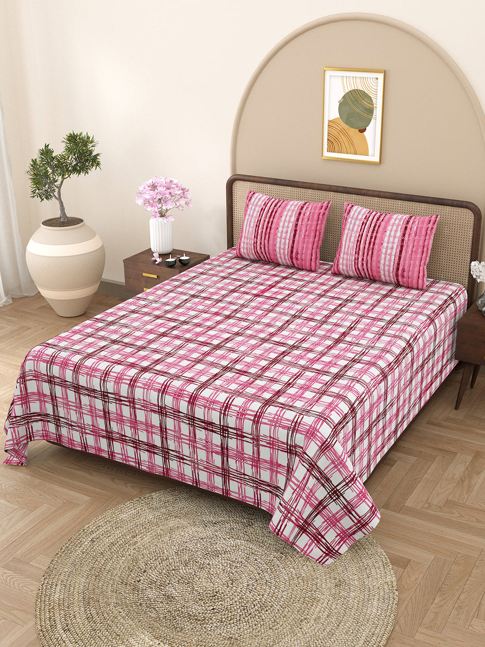 Bella Casa Fashion & Retail Ltd BEDSHEET 88 X 96 Inch / Pink / Cotton Double Bedsheet with 2 Pillow Covers Cotton Geometric Design Pink Colour - Element Collection
