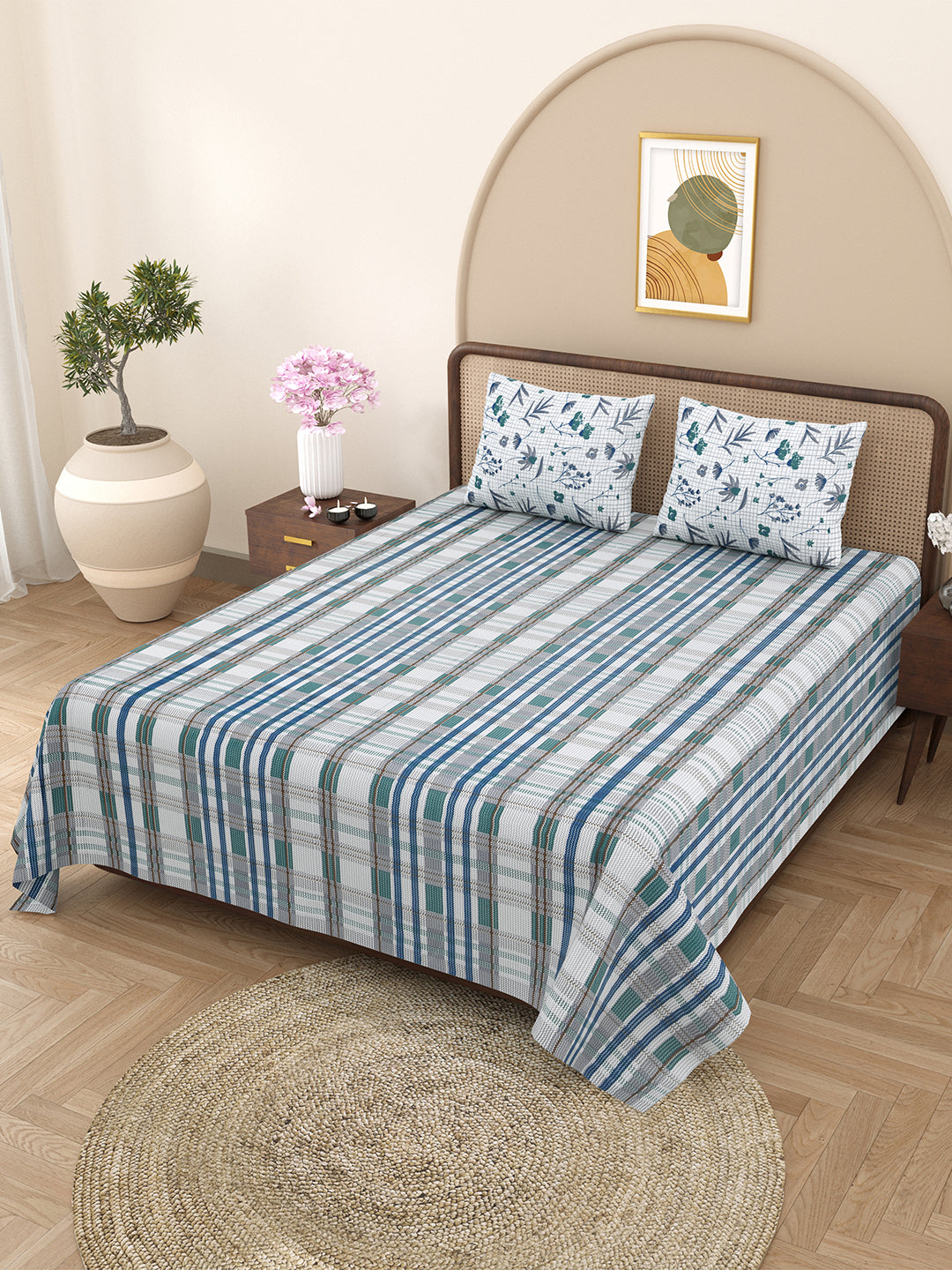 Bella Casa Fashion & Retail Ltd BEDSHEET 88 X 96 Inch / Teal / Cotton Double Bedsheet with 2 Pillow Covers Cotton Abstract Design Teal Colour - Element Collection