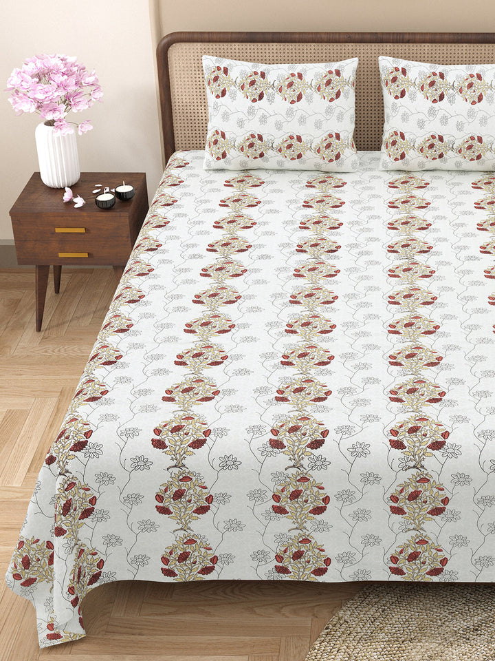 Bella Casa Fashion & Retail Ltd BEDSHEET 88 X 96 Inch / White & Brown / Cotton Double Bedsheet with 2 Pillow Covers Cotton Floral Design White & Brown Colour - Element Collection